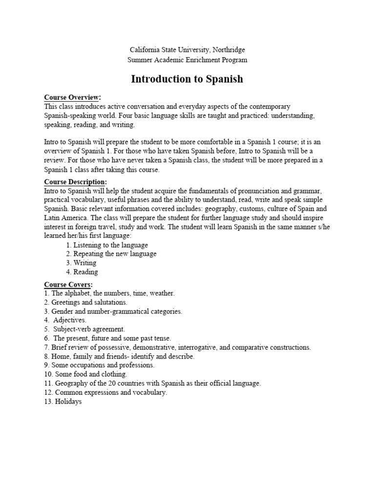 introductiontospanishsyllabus PDF Spanish Language Verb