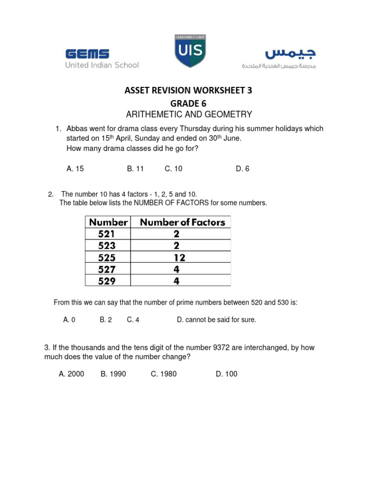 Grade 6 Asset Revision Worksheet | PDF