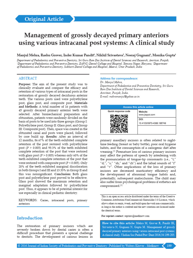Management of Grossly Decayed Primary Anteriors | PDF | Dentistry | Tooth