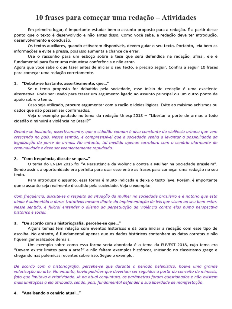 10 Frases para Começar Uma Redação | PDF | Brasil | Sociologia