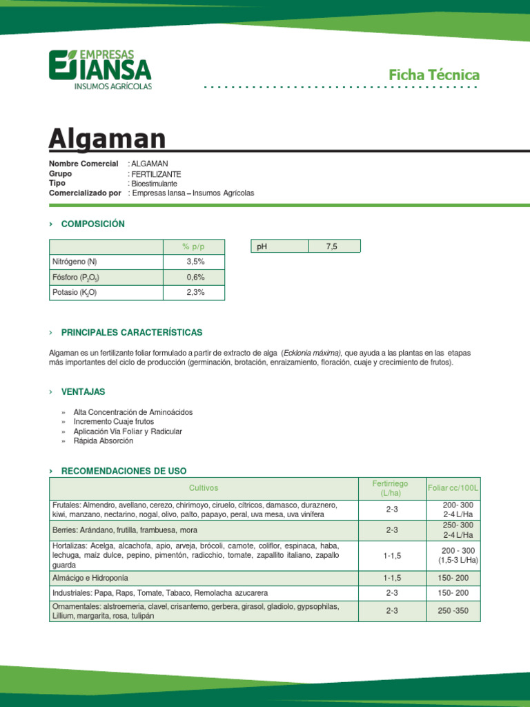 Ficha Técnica de Algaman Fertilizante | PDF | Agricultura | Horticultura