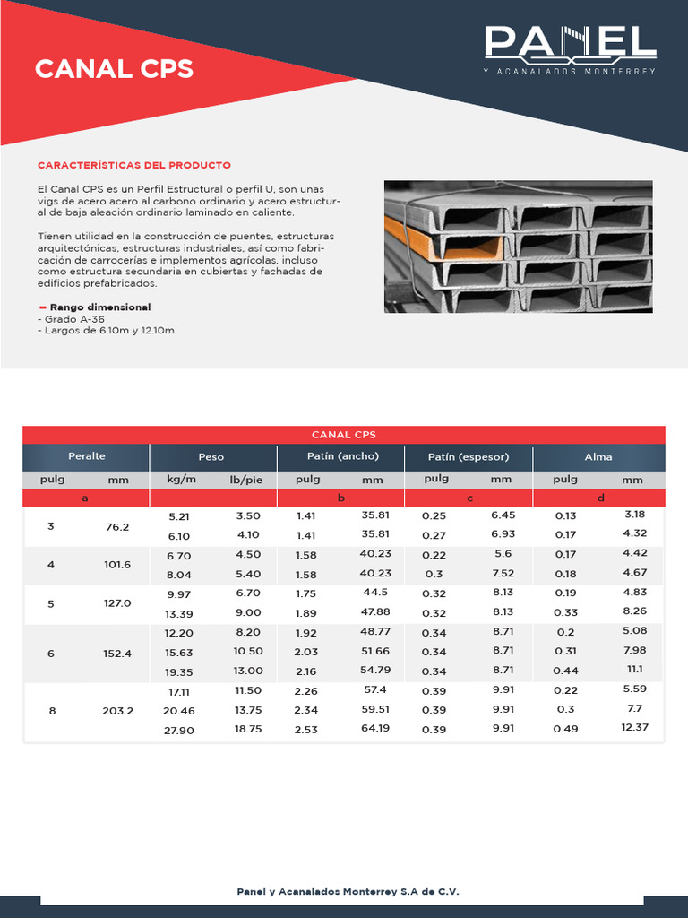 Ficha Técnica Canal CPS y Perfiles Estructurales | PDF | Ingeniería de ...