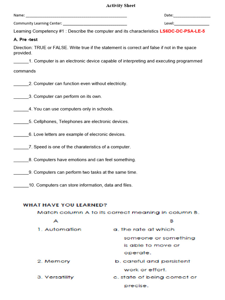 CHARACTERISTICS OF COMPUTER Answer Sheet PDF Personal Digital