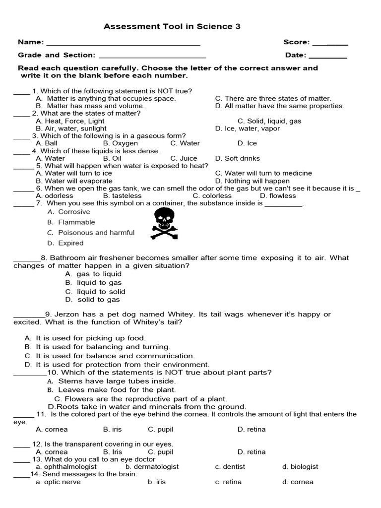 Grade 3 Science Assessment Tool | PDF | Skin | Water