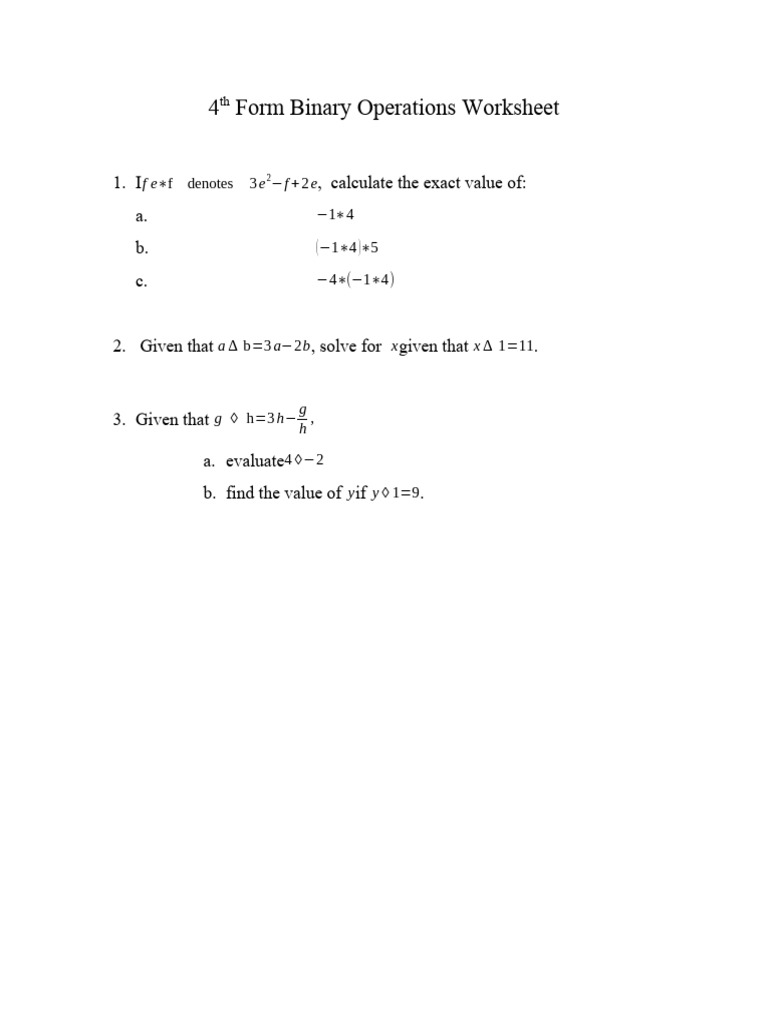 4th form binary operations worksheet pdf