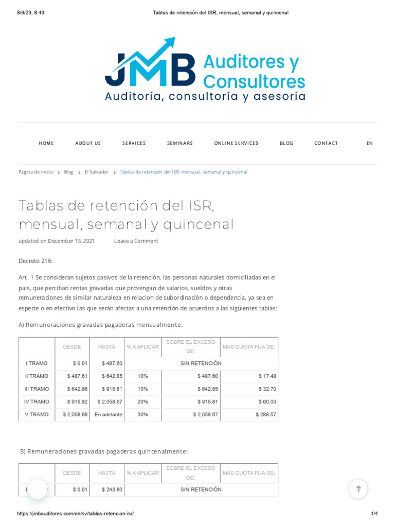 Tablas de Retención Del ISR, Mensual, Semanal y Quincenal JBM Auditores