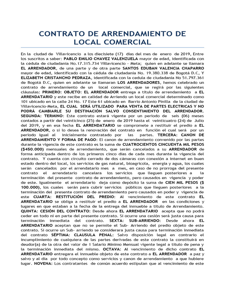 Contrato de Arrendamiento de Local Comercial para Llenar | PDF