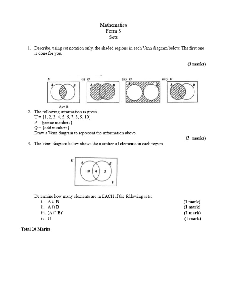 Venn Diagram Sets for Form 3 Math | PDF