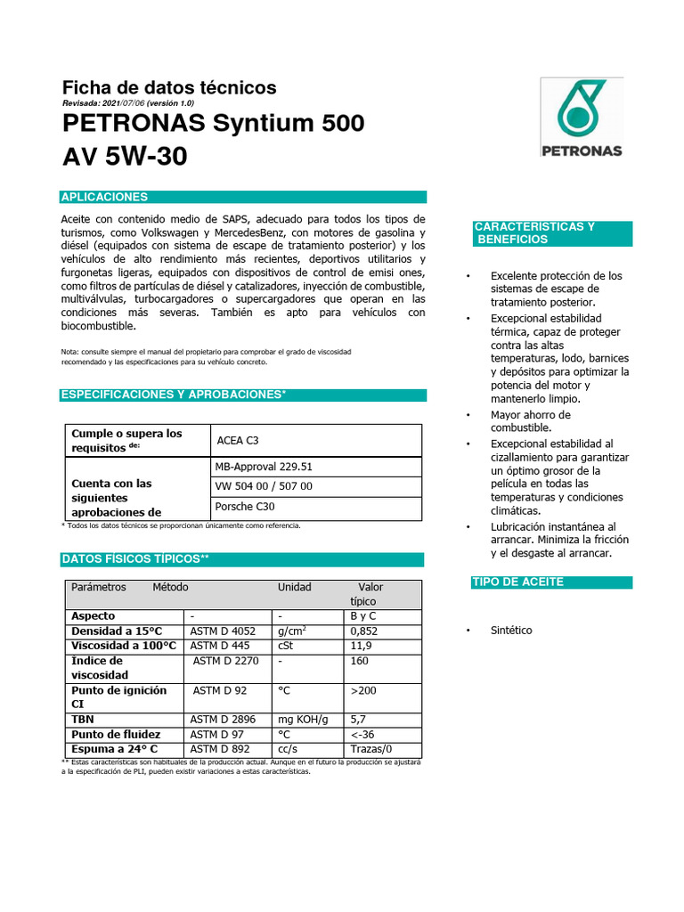 FT PT Syntium 5000 AV 5W 30 | PDF | Motor diesel | Vehículos