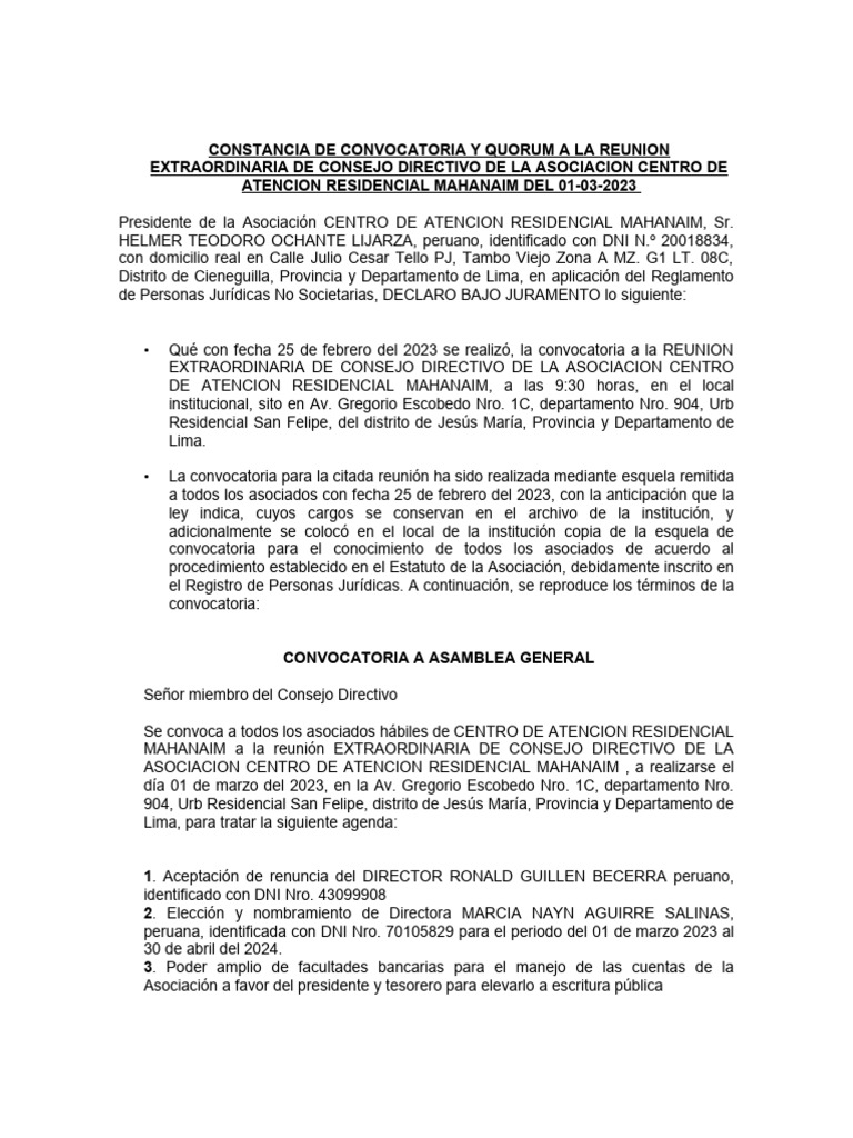 Constancia Quorum y Convocatoria Modelo | PDF | Gobierno | Justicia