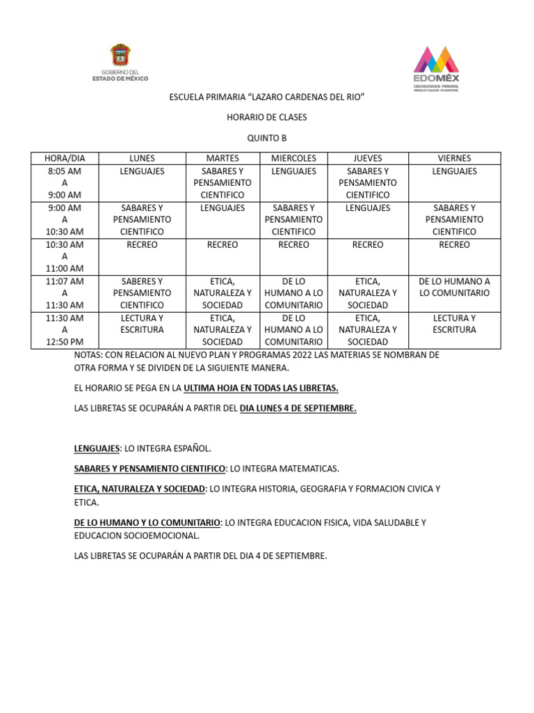Horario Quinto PDF
