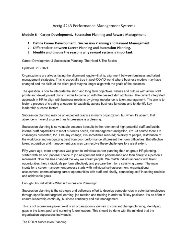 Module 8 - Career Development Succession Planning and Reward Management