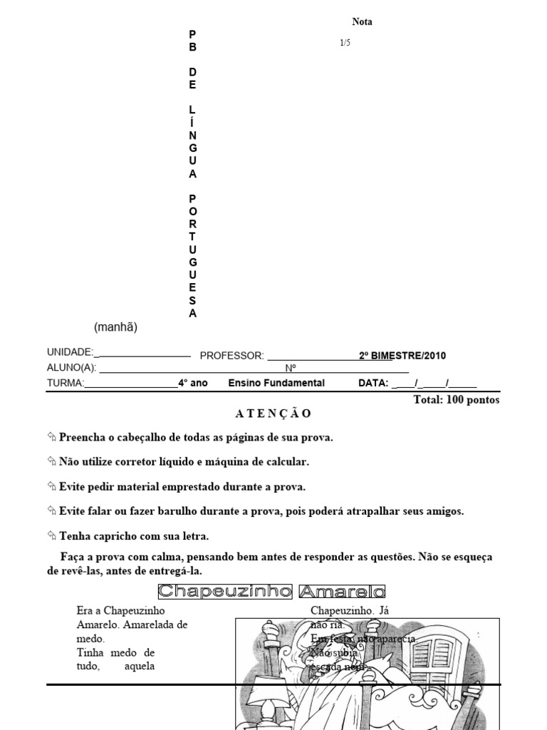 Prova de Língua Portuguesa 4º Ano | PDF | Linguística
