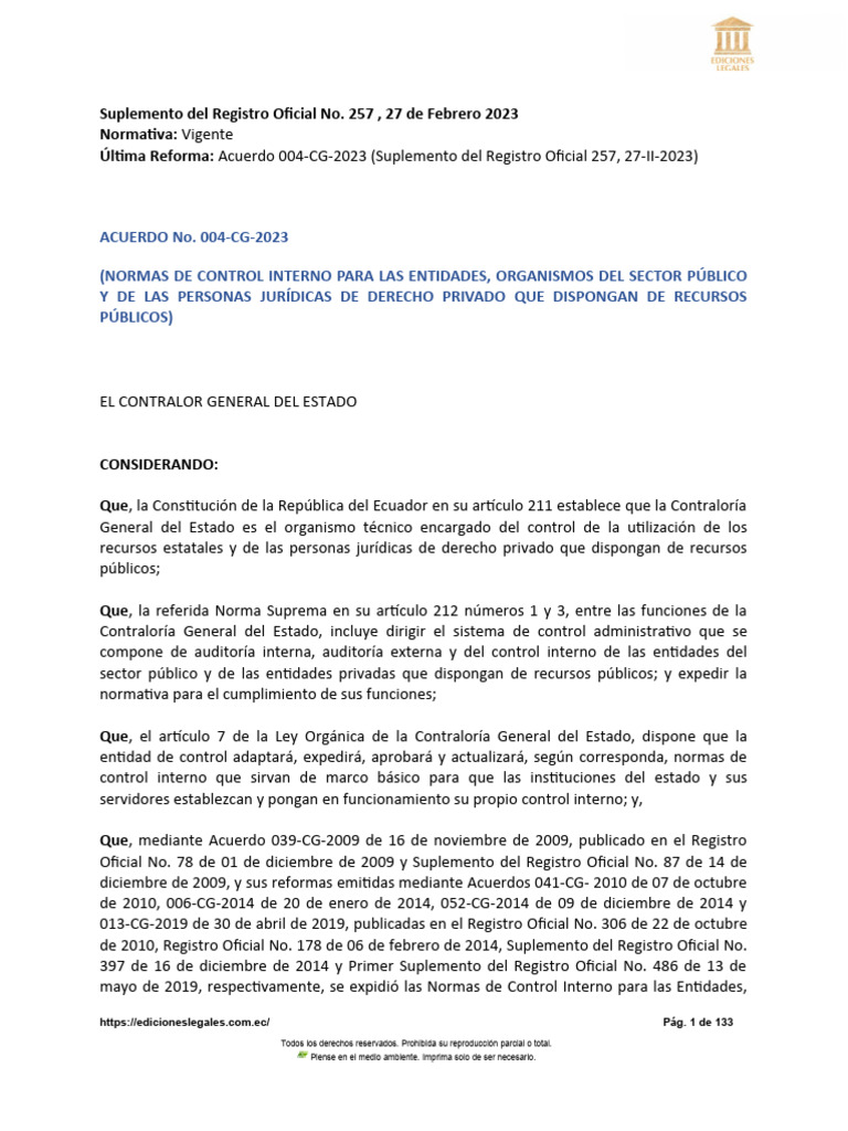Normas de Control Interno Ecuador 2023 | PDF | Planificación | Presupuesto