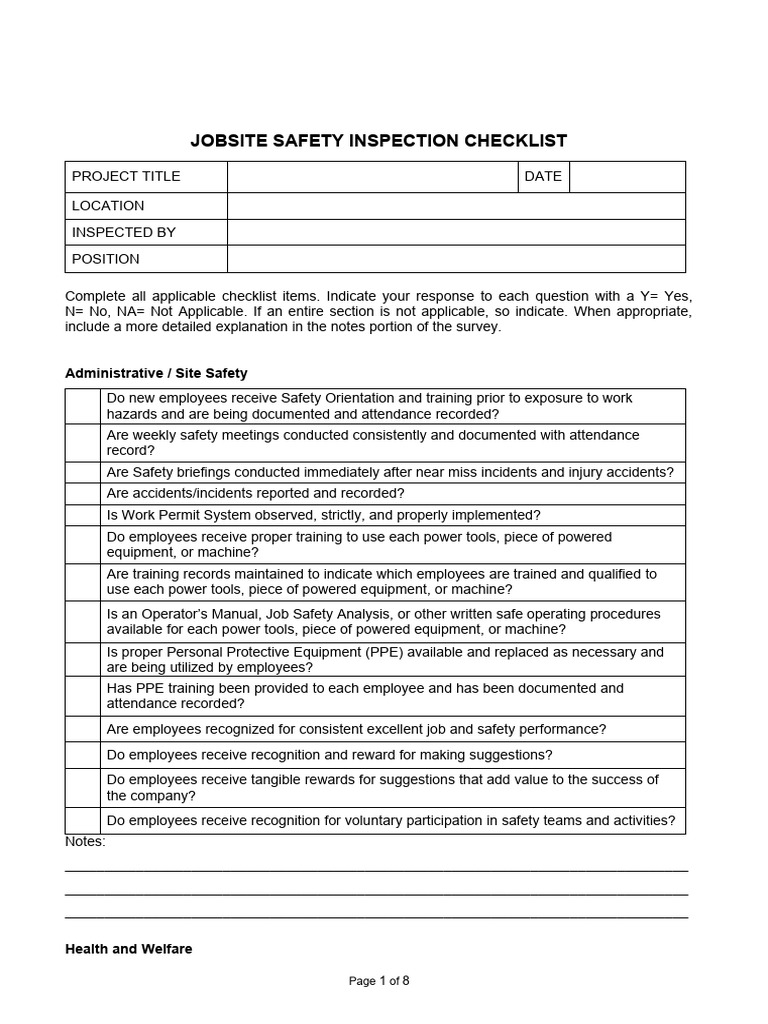 JobSite Safety Inspection Checklist PDF Safety Equipment