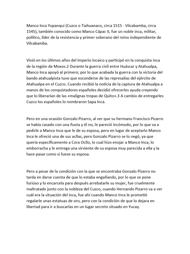 Manco Inca Yupanqui Biografia Pdf Imperio Inca Perú