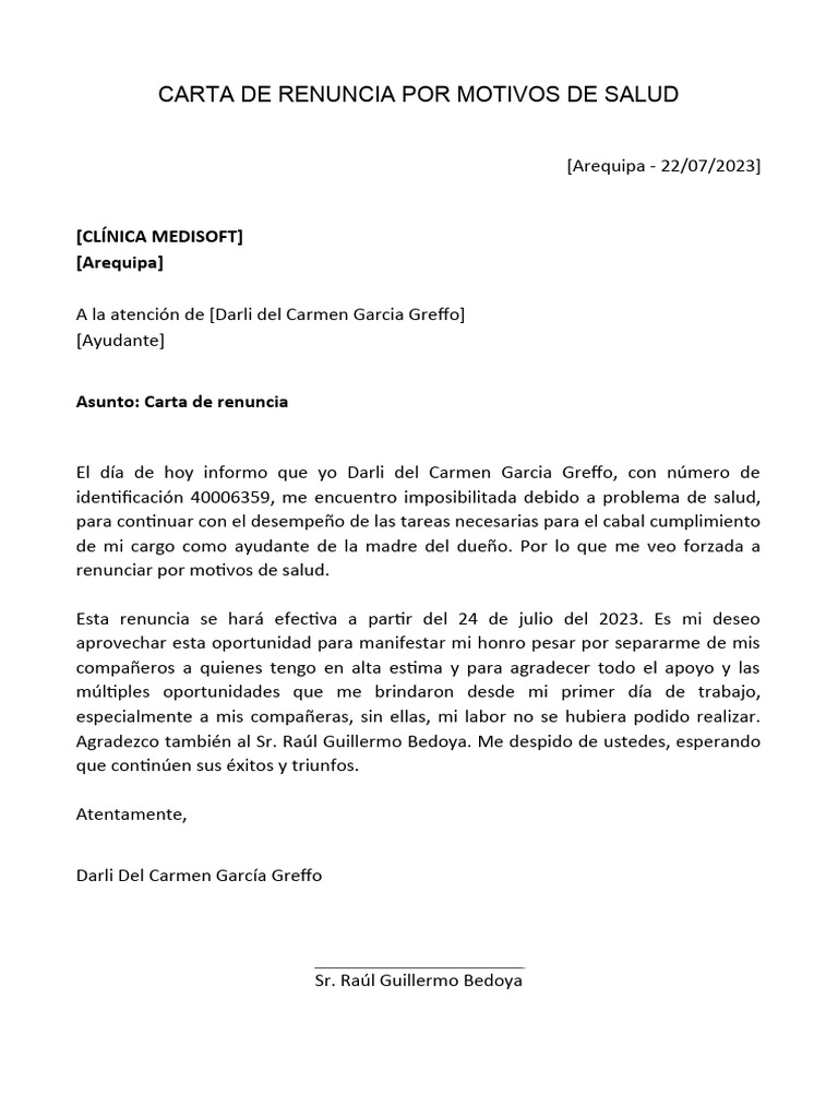 Carta de renuncia por salud pdf