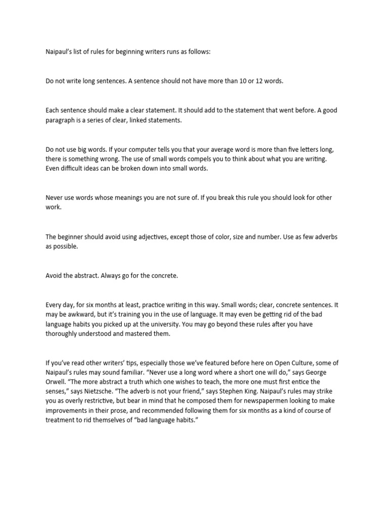 Naipaul's Writing Rules for Beginners | PDF