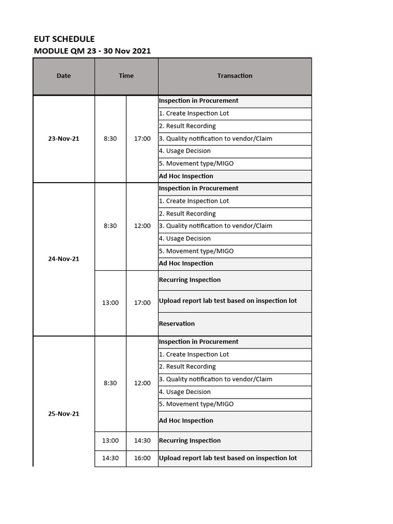 Eut modul qm schedule pdf