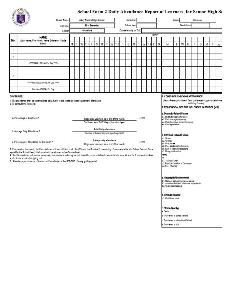 School form 2 daily attendance report of learners for senior high