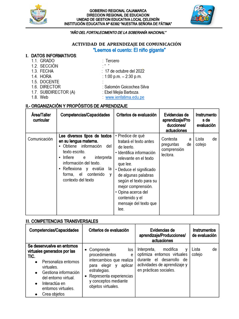 Cuento el niño gigante PDF Aprendizaje Evaluación
