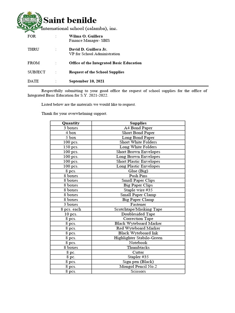 School Supplies Request PDF Stationery Office Work