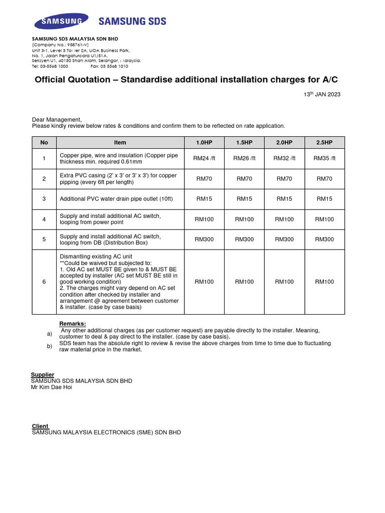 Aircon Installation Charges Quotation | PDF | Electrical Engineering ...