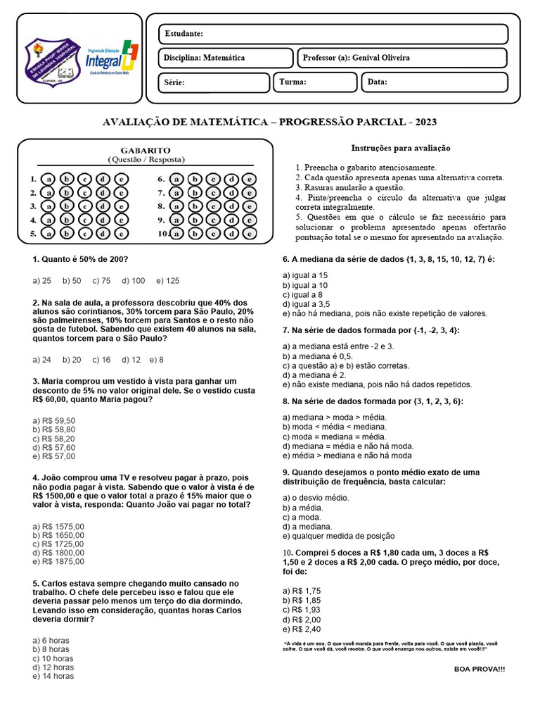 Prova de Matemática Progressão Parcial 1º Ano 2023 | PDF | Mediana ...