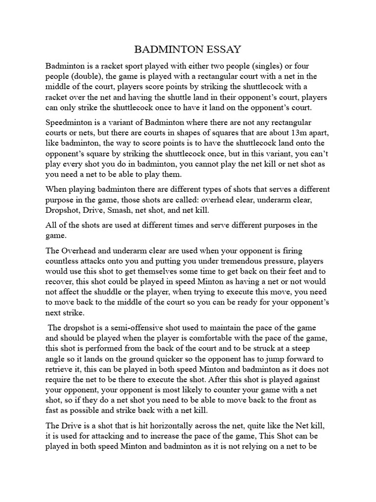 Badminton Essay PDF Indoor Sports Entertainment