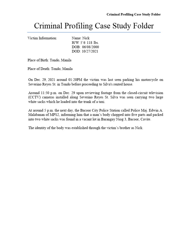 Criminal Profiling: Nick Vanta Case Study | PDF | Closed Circuit ...