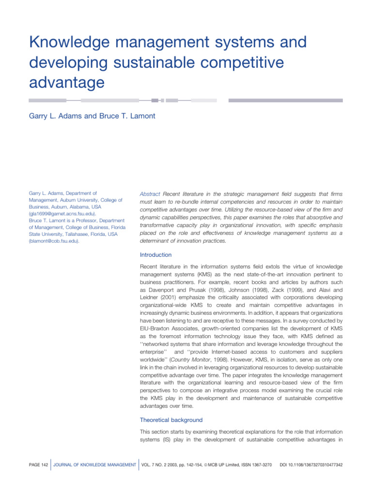 Knowledge Management Systems and Developing Sustainable Competitive ...