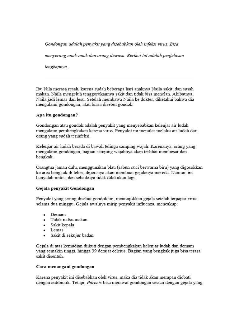 Gondongan Adalah Penyakit Yang Disebabkan Oleh Infeksi Virus | PDF