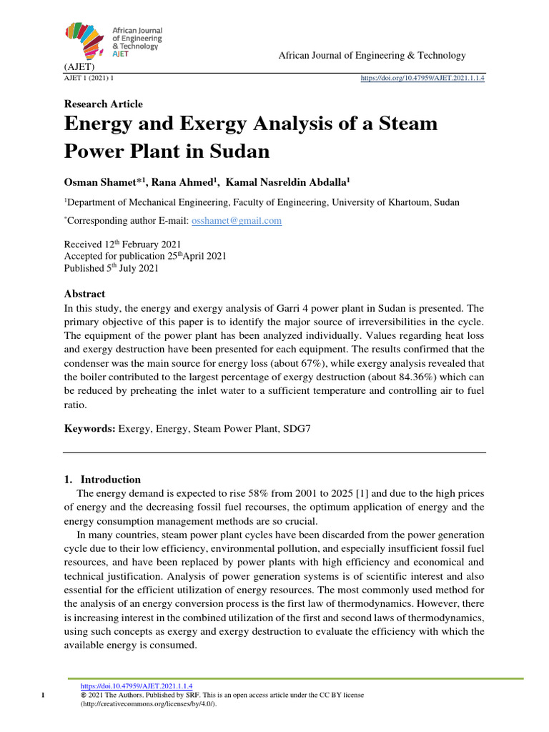Energy and Exergy Analysis of A Steam Power Plant in Sudan | PDF ...