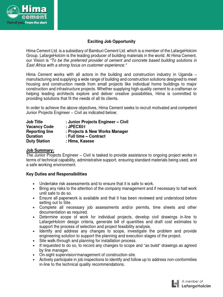 Job Advert - Junior Projects Engineer - Civil | PDF