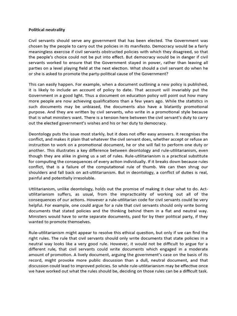 Civil Servants and Political Neutrality | PDF | Utilitarianism | Secrecy