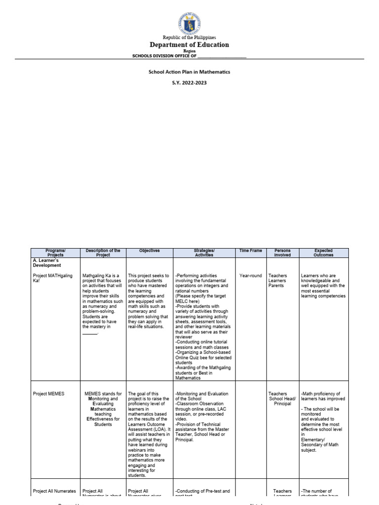 School Action Plan for Mathematics 2022-2023 | PDF