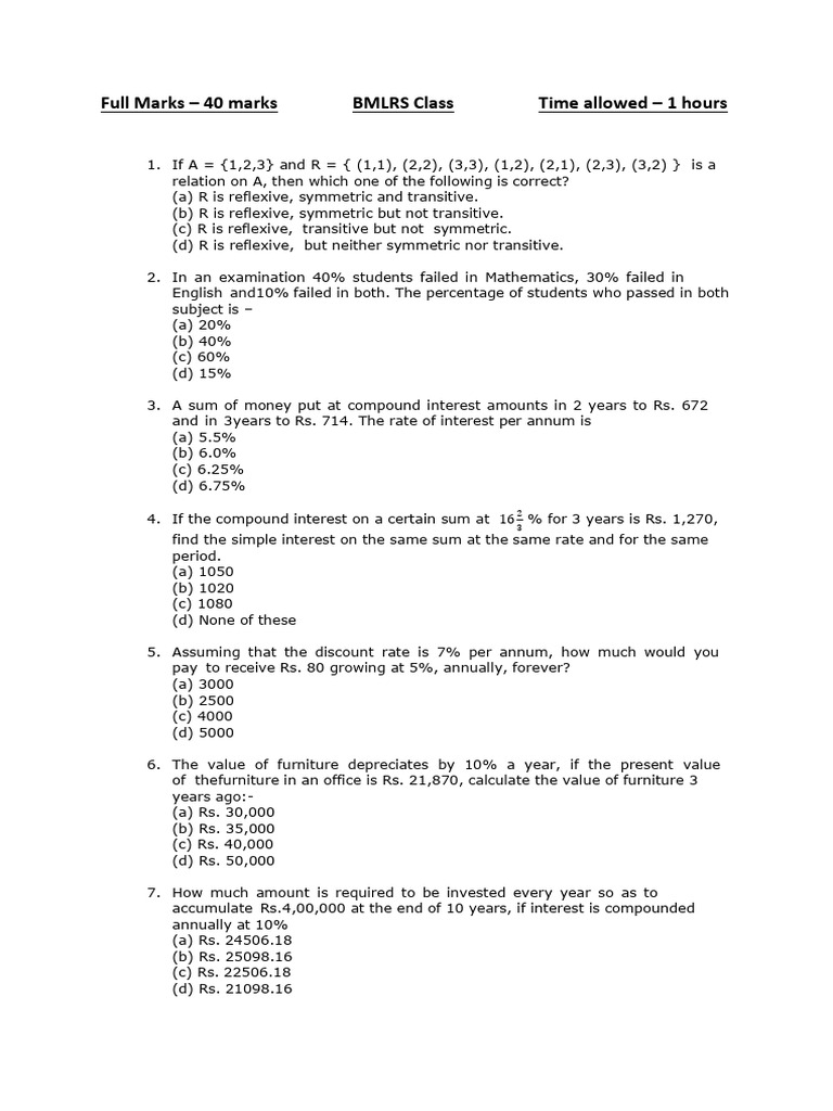 Math and Finance Multiple Choice Quiz | PDF | Science & Mathematics ...