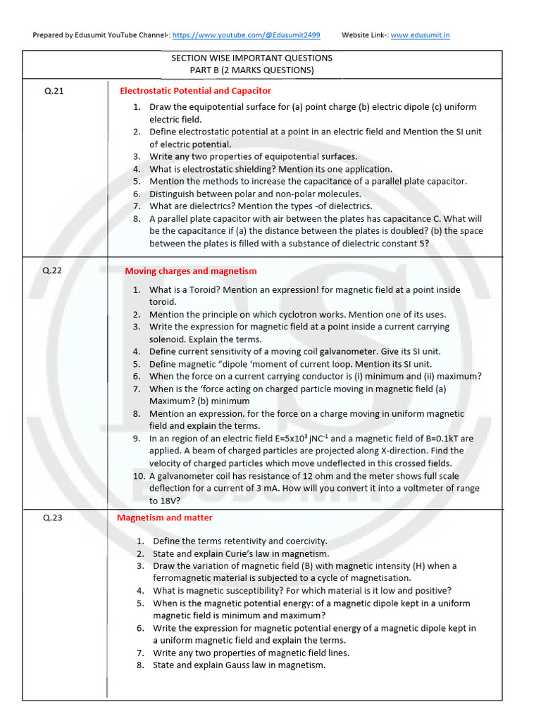 Physics Section Wise Important Questions WM | PDF | Magnetic Field ...