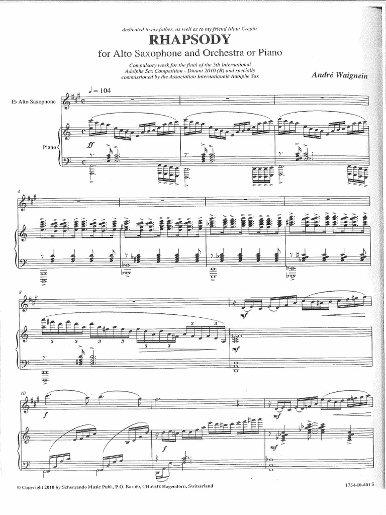 Andre Waignein RHAPSODY For Alto Saxophone and Piano | PDF