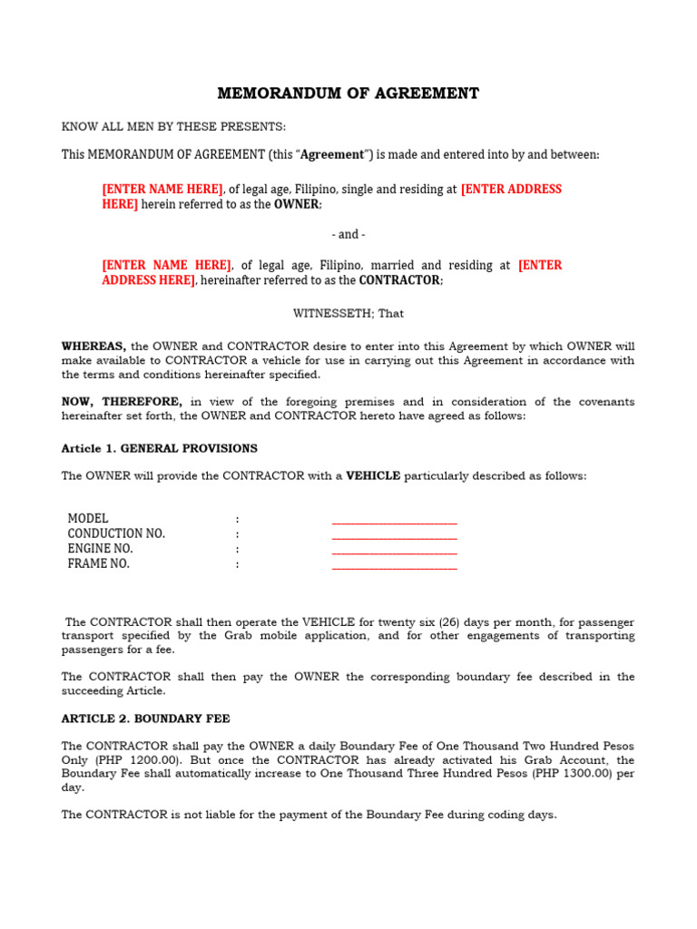 Grab Vehicle Rental Agreement Sample | PDF | Employment | Civil Law ...
