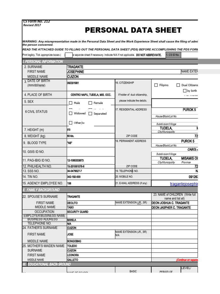 Personal Data Sheet Josephine C. Tragante | PDF | Social Institutions
