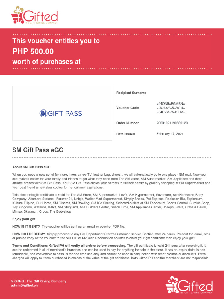 SM Gift Pass eGifts, Voucher, Certificate
