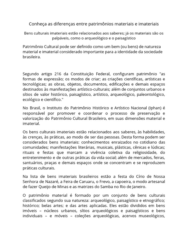Diferenças entre Patrimônio Material e Imaterial | PDF | Herança ...