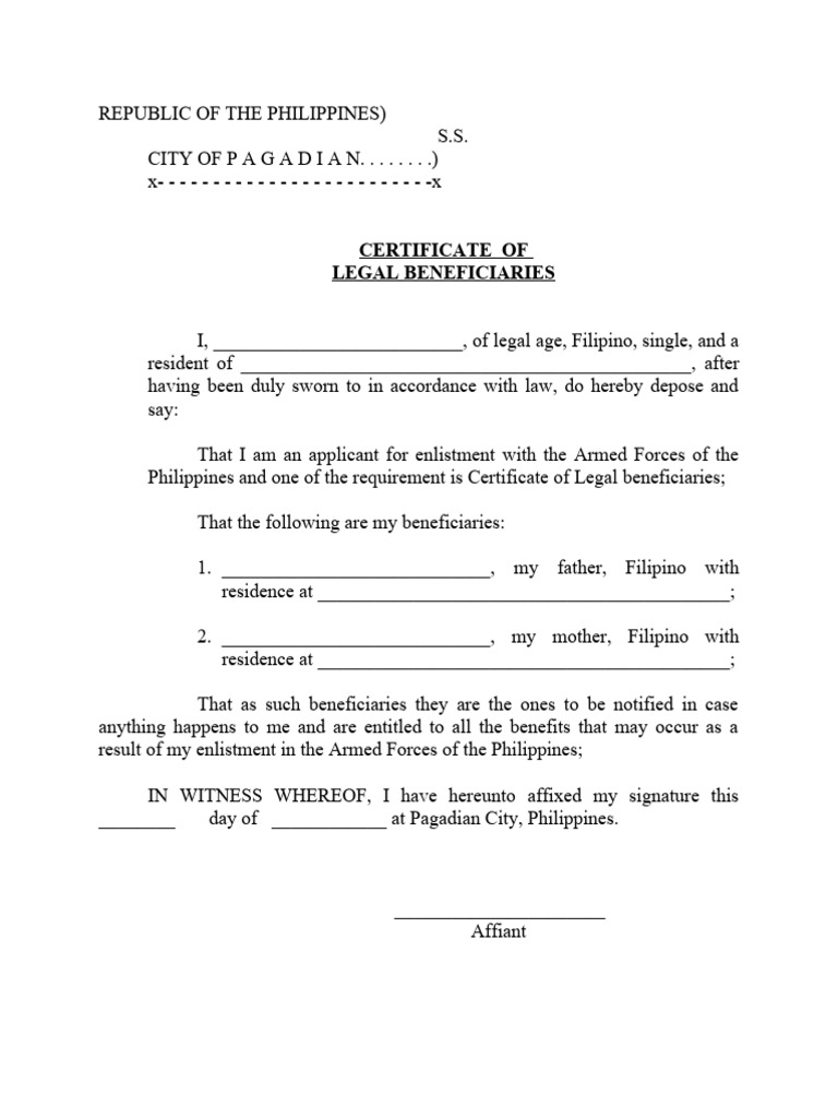 Certificate of Legal Beneficiaries PDF Document Civil Law