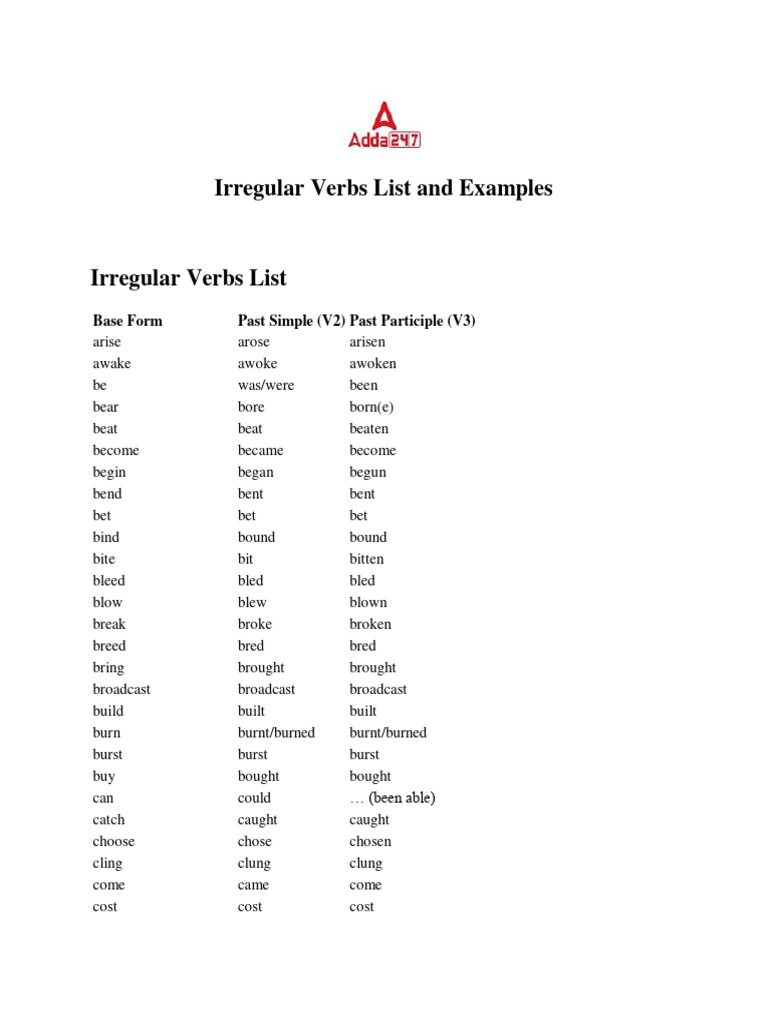 Irregular verbs list and examples pdf linguistics grammar