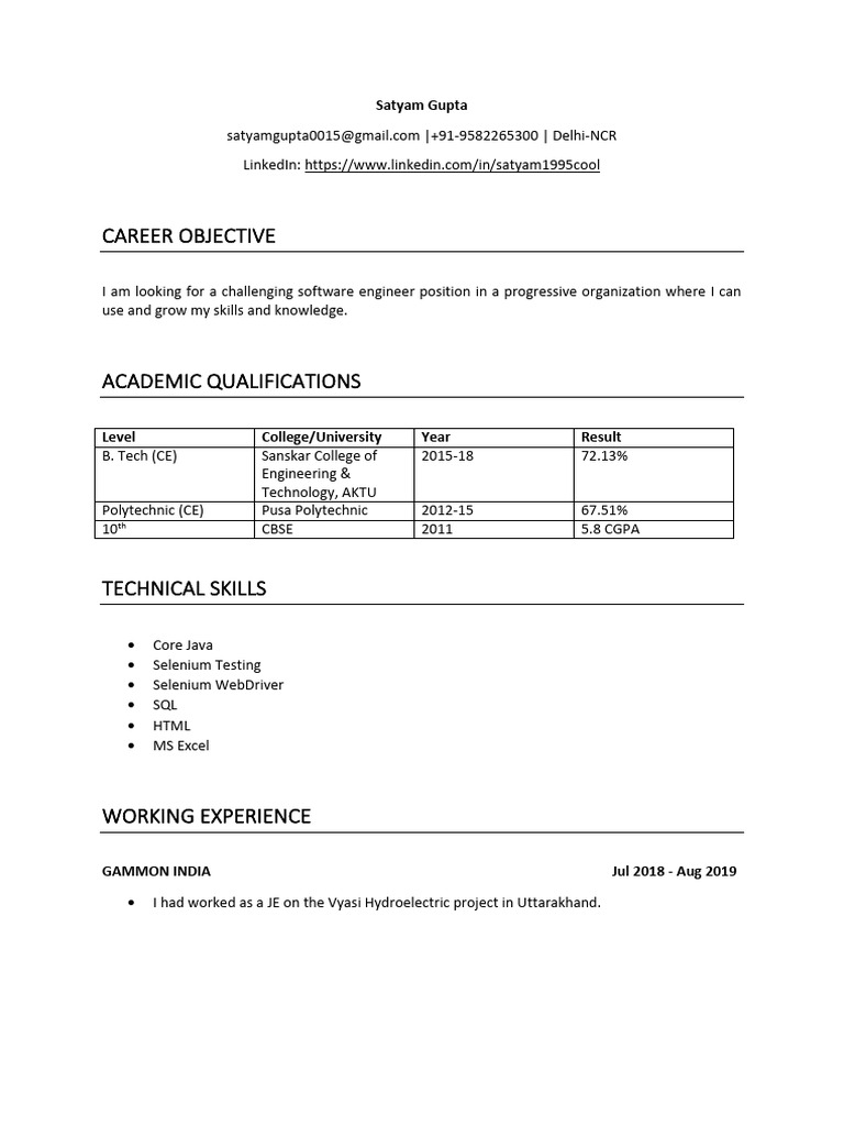 Software Engineer Resume of Satyam Gupta | PDF