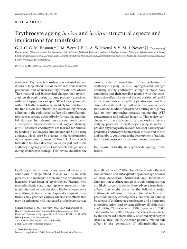 Erythrocyte Ageing in Vivo and in Vitro - Structural Aspects and ...