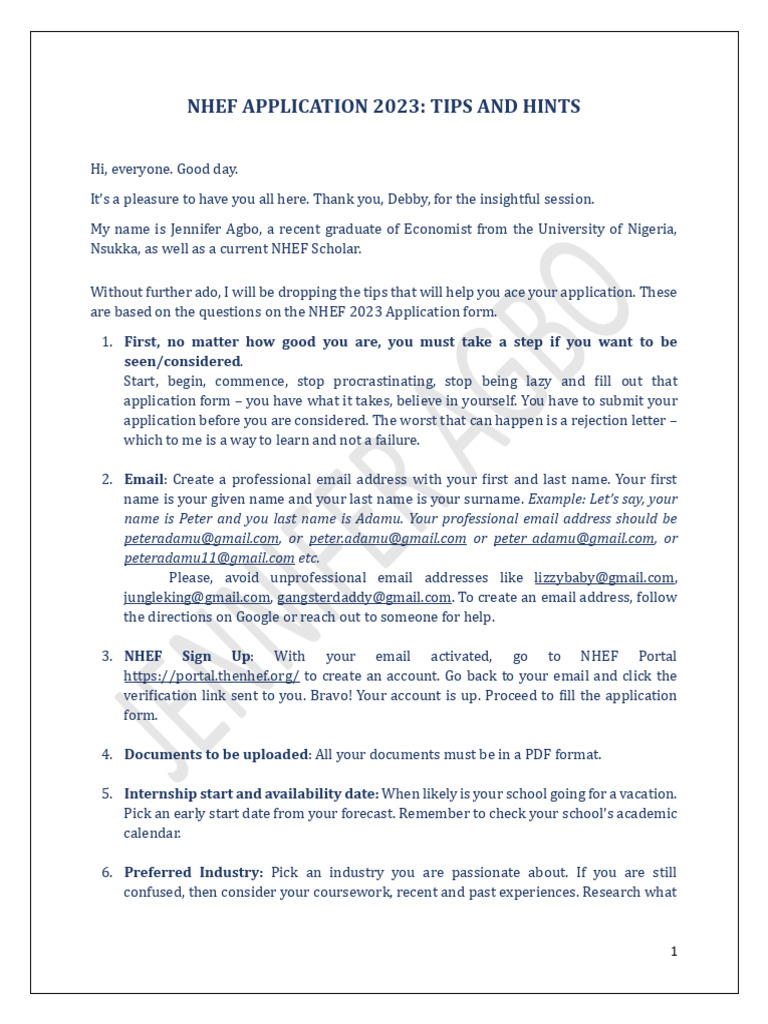 NHEF 2023 Application Tips Guide | PDF | Experience | Internship