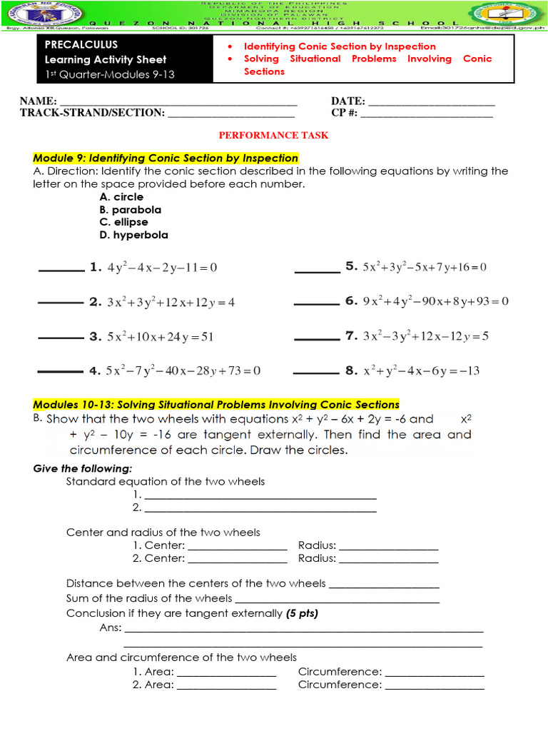 Conic Sections Performance Task Guide | PDF | Ellipse | Differential ...