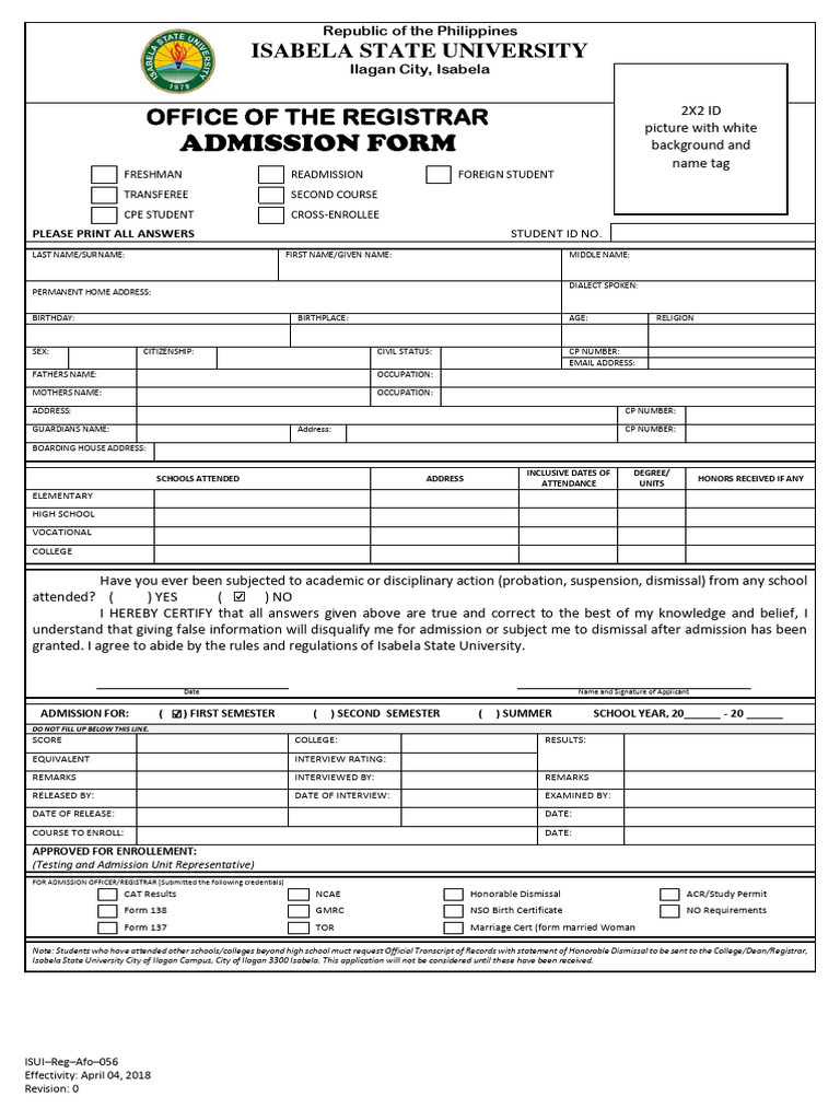 Admission Form Pdf